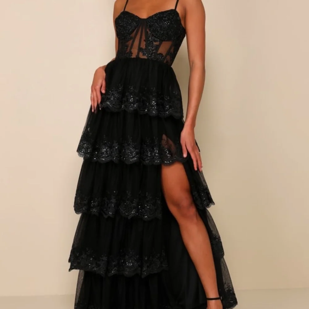Lulus Alluring Sensation Black Tulle Embroidered Tiered Maxi Dress - Size S - Picture 1 of 1